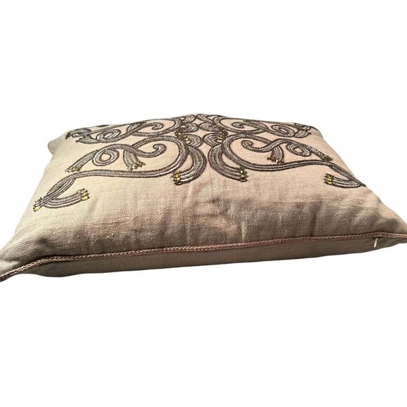 Ethan Allen Beaded Embroidered Throw Pillow Linen Rectangular Decorative Accent - Picture 9 of 16